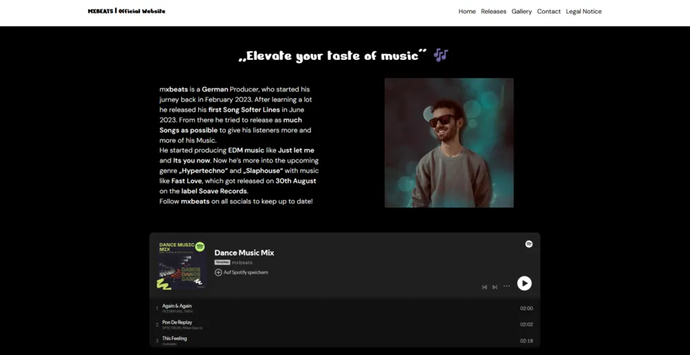 Über-mich-Bereich der mxbeats-Website mit Porträt und Spotify-Player auf schwarzem Hintergrund