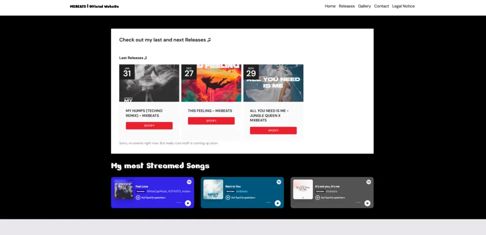 Releases-Bereich der mxbeats-Website mit drei Cover-Karten und beliebten Songs